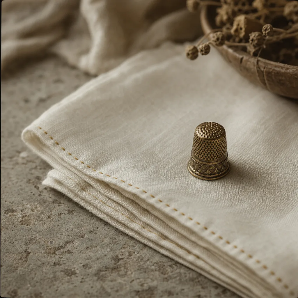 Hand-hemmed ivory linen with an antique gold thimble resting on it