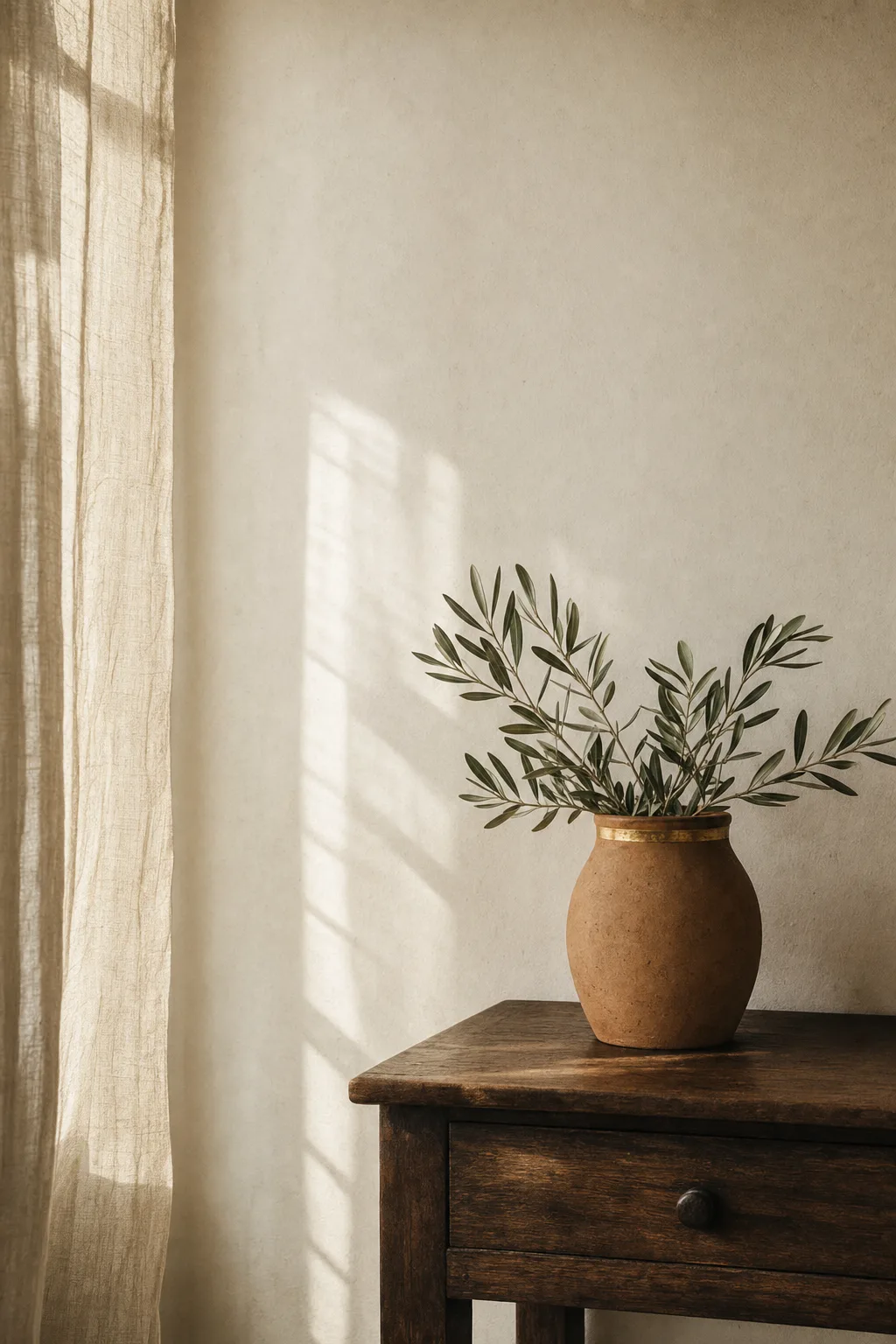 A sunlit corner of an old Mediterranean house — olive branches in a terracotta vessel on a walnut table, a linen curtain diffusing the afternoon