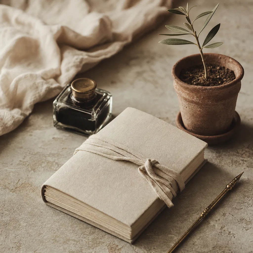A hand-bound notebook and a young olive seedling in a terracotta pot
